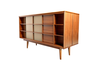 Mid-century modern wooden credenza with sliding doors, tapered legs, open shelving compartments, and natural wood grain finish, isolated on a transparent background
