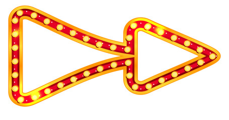 Arrow marquee sign with retro neon bulb light for circus, casino or carnival show. Red gold illuminated vintage pointer for theater billboard or vegas showtime. Curved shape vector isolated