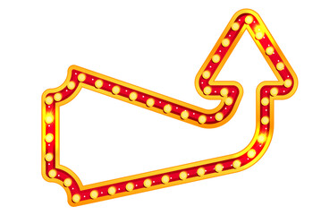 Vintage arrow sign with retro marquee bulb light for circus or carnival showtime. Red illuminated pointer in gold neon style for casino billboard or broadway show. Direction shape vector isolated