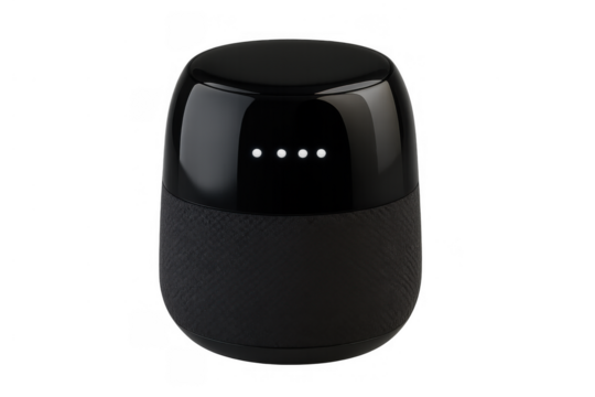 Black smart speaker for home automation and virtual assistance, having built-in voice control technology, transparent background