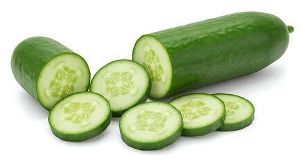 Freshly sliced cucumber, showing interior and exterior details, isolated on a white background