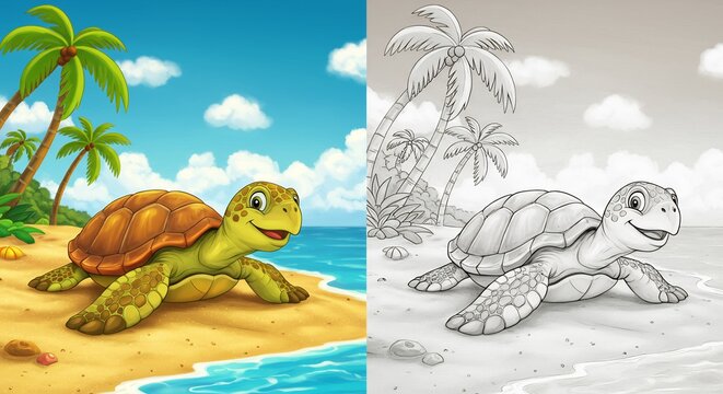 A cartoon sea turtle on a sunny beach split into a vibrant colored image and a grayscale coloring page