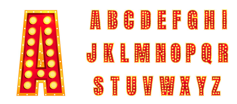 Marquee circus alphabet with neon bulb light for theater, casino or carnival show. 3d red gold letters in retro vintage typography style for hollywood broadway stage. Bright font vector design