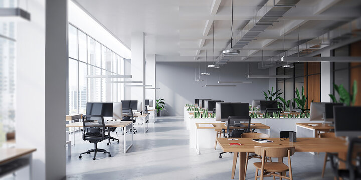 Bright and spacious office space in an unfocused view. Modern blurred background photo for banner, poster or magazine and website background. office, 