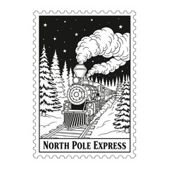 North Pole Express Train Stamp Winter Night Black White Graphic
