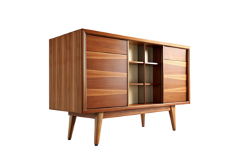Retro sideboard cabinet featuring sliding panels, mixed wood tones, geometric compartments, angled legs, and mid-century styling details, isolated on a transparent background