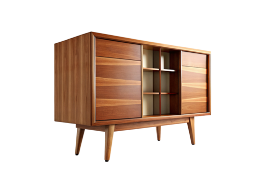 Retro sideboard cabinet featuring sliding panels, mixed wood tones, geometric compartments, angled legs, and mid-century styling details, isolated on a transparent background