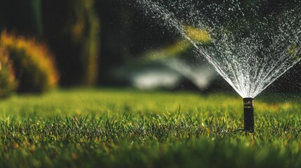 Close up automatic sprinkler watering lush green lawn, creating refreshing summer garden environment with hydrating spray