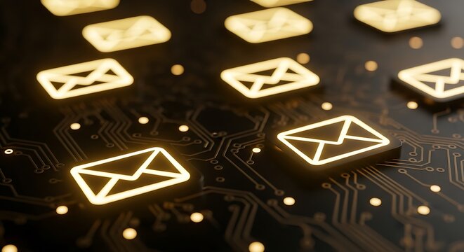Digital email icons glowing on a dark circuit board background, representing electronic communication and technology - Powered by Adobe