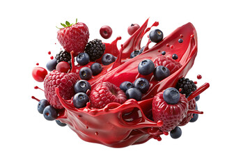 Mixed berries splash with strawberries, blueberries, raspberries, blackberries, cherries in vibrant red juice with dynamic liquid motion, isolated on a transparent background