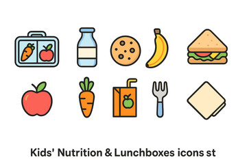 Kids' nutrition flat icon set featuring lunchbox, healthy food, snacks, and drinks