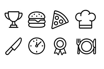 Food and restaurant outline icon set. Chef, dining, kitchen, and cooking icons collection.