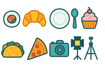 Food and photography flat icon set for culinary and event themes