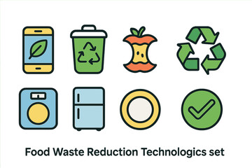 Food waste reduction icon set. Recycling, sustainability icons flat collection