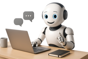 Friendly robot with blue eyes typing on a laptop with chat bubbles above artificial intelligence technology isolated on a transparent background