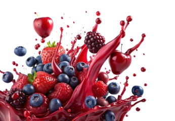 Fresh fruit explosion with strawberries, blueberries, raspberries, cherries, blackberries splashing in red berry juice with water droplets, isolated on a transparent background