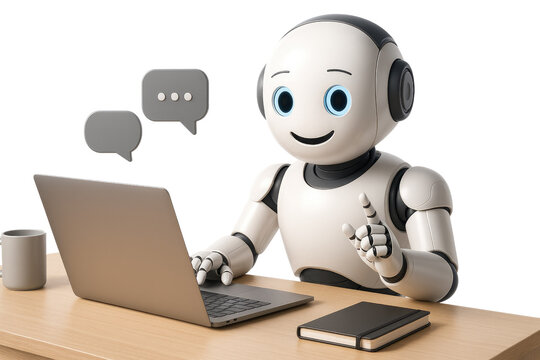 Friendly robot with blue eyes typing on a laptop with chat bubbles above artificial intelligence technology isolated on a transparent background