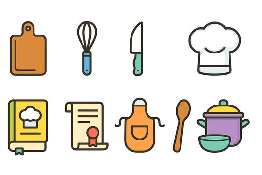 Cooking and kitchen outline icon set: chef hat, utensils, and recipe symbols