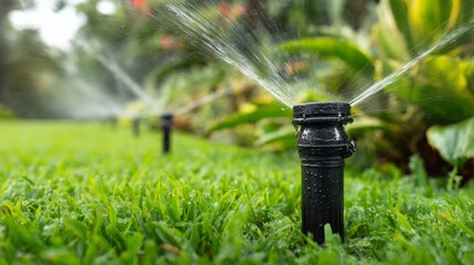 Close up automatic sprinkler watering lush green lawn, creating refreshing summer garden environment with hydrating spray