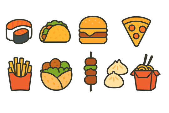 Food and drink 3d icon set. Fast food, cuisine, meal icons