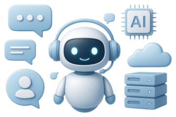 Friendly robot with headphones and headset surrounded by communication and AI icons chatbot artificial intelligence isolated on a transparent background