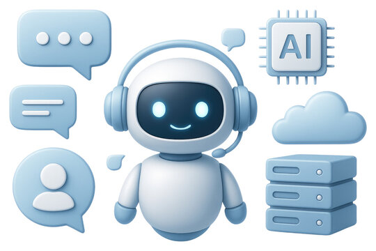 Friendly robot with headphones and headset surrounded by communication and AI icons chatbot artificial intelligence isolated on a transparent background