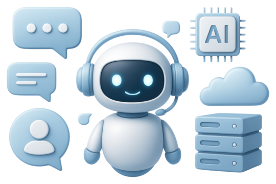 Friendly robot with headphones and headset surrounded by communication and AI icons chatbot artificial intelligence isolated on a transparent background - Powered by Adobe