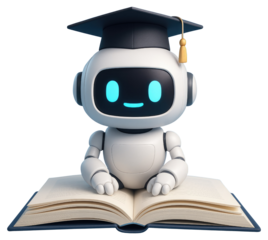 Friendly white robot with glowing blue eyes wearing graduation cap on open book isolated on a transparent background