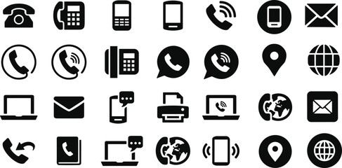 Communication technology icon set, black vector symbols, phone, email, location, laptop, printer, messaging, digital artwork, modern interface design