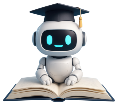 Friendly white robot with glowing blue eyes wearing graduation cap on open book isolated on a transparent background