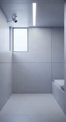 Minimalist bedroom interior with security camera mounted in a corner and small window, concept of modern technology and surveillance.