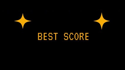 A pixelated "BEST SCORE" text flashes with golden stars on a dark screen. 4K video animation for video game - Powered by Adobe