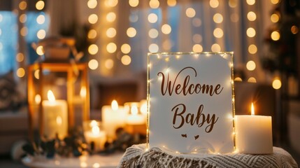 A cozy indoor scene with a 'Welcome Baby' sign illuminated by warm lights. Candles and a lantern add a soft glow, creating a festive atmosphere.