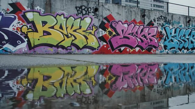 Vibrant Graffiti Art Reflected in Puddle on Overcast Day.