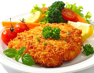 Fried chicken cutlet with fresh vegetables including tomato, broccoli and lemon on a white plate