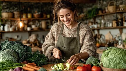 A caucasian woman is chopping vegetables in a bright, modern kitchen, with a happy expression - Powered by Adobe