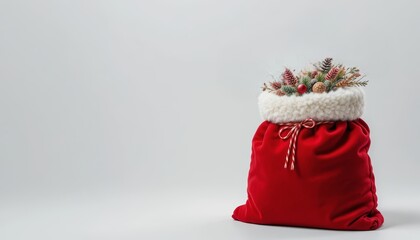 A red velvet Christmas sack filled with festive decorations and greenery. The sack has a white fluffy trim and a decorative bow.