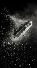 Dramatic scattering of gray concrete dust and broken rubble fragments caused by a forceful, sudden burst or impact ,concrete ,spray ,destruction