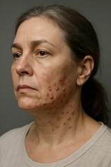 Fototapeta premium Middle aged woman with severe acne on face and neck, dermatology problem and skin inflammation.