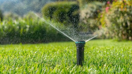 Close up automatic sprinkler watering lush green lawn, creating refreshing summer garden environment with hydrating spray