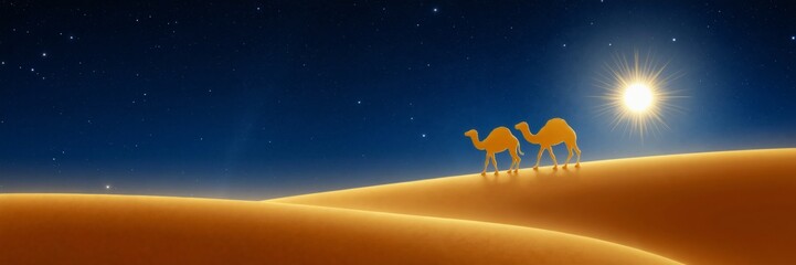 Camels in the desert following the Star of Bethlehem at night. Biblical scene of the Magi journey for the Nativity. Three Kings Day and Epiphany celebration background
