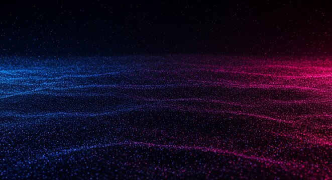 Dynamic digital terrain composed of shimmering particles, illuminated by contrasting blue and magenta lights, suggesting data flow