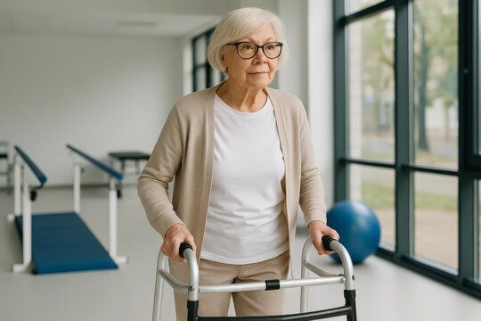 Elderly woman walking with mobility aid in rehabilitation center for recovery. - Powered by Adobe