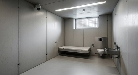 Empty concrete cell with basic amenities, including a bed, toilet, and sink. Minimalist carceral interior for detention or solitary confinement concept.