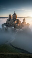 Ancient monastery shrouded in mystical fog at sunrise, with warm light illuminating the historic building and its surrounding landscape.