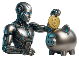 Futuristic silver robot inserting a gold dollar coin into a piggy bank android cyborg isolated on a transparent background
