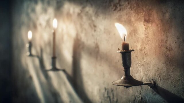 Row of candles casting shadows on a textured wall.