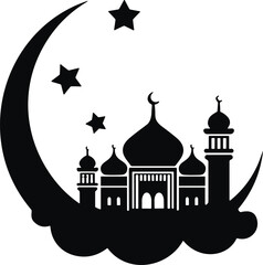 Mosque silhouette with crescent moon, stars, Islamic architecture, black vector design, spiritual theme, religious celebration, digital artwork, Eid concept