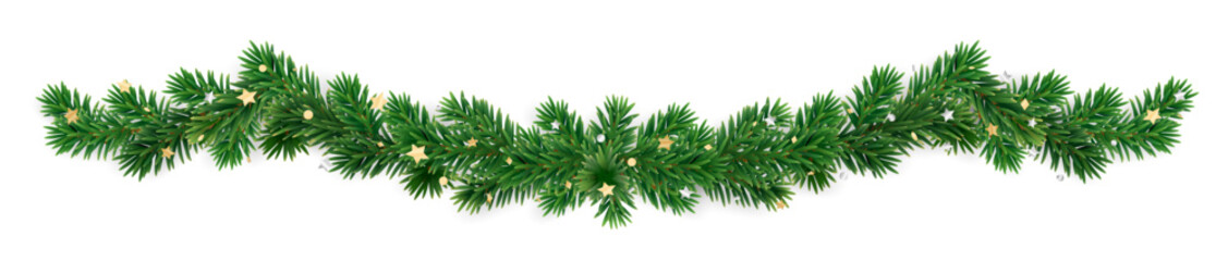 Christmas garland made of fir branches with gold and silver confetti. Festive decorative divider for holiday banners, cards, and seasonal projects. Transparent background in vector file.
