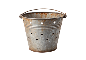 Old rusty metal bucket with drainage holes, wire handle, distressed galvanized finish, antique industrial look, isolated on a transparent background
